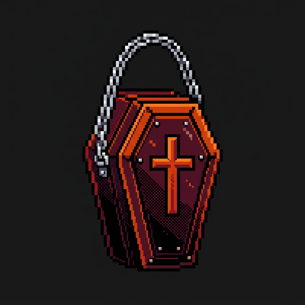 Pixel-art illustration of a coffin-shaped crossbody bag with a chain strap