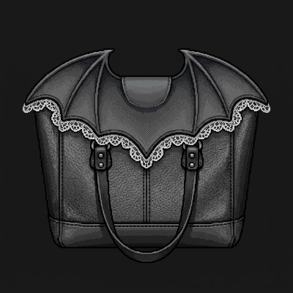 Pixel-art illustration of a black tote with a bat-wing flap and lace trim